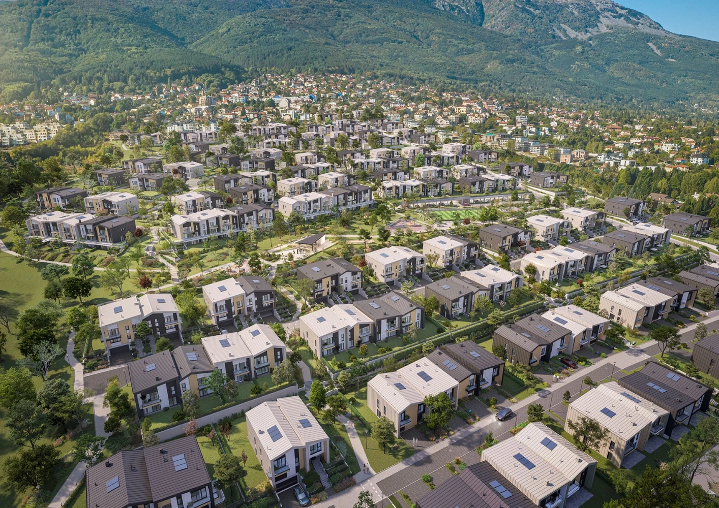 Aerial view of the residential alleys and low-rise housing at River Park