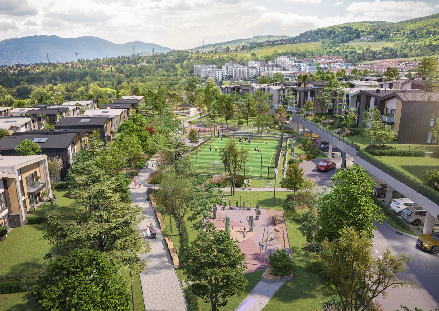 Green recreational zone with sports and play areas at River Park