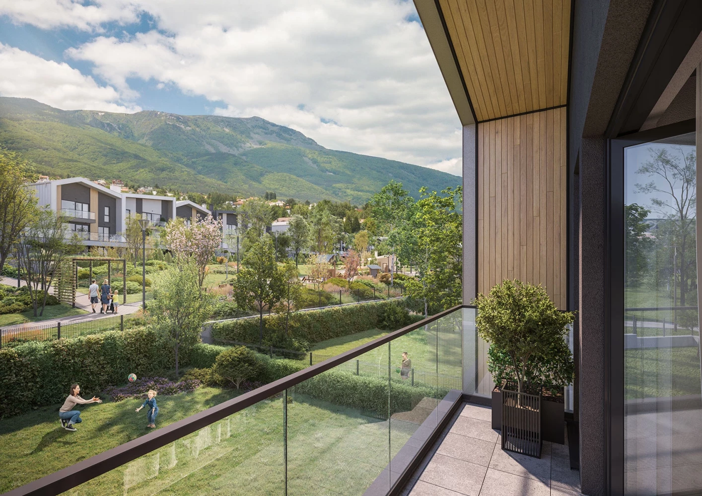 Terrace view toward the landscaped environment of River Park and Vitosha Mountain