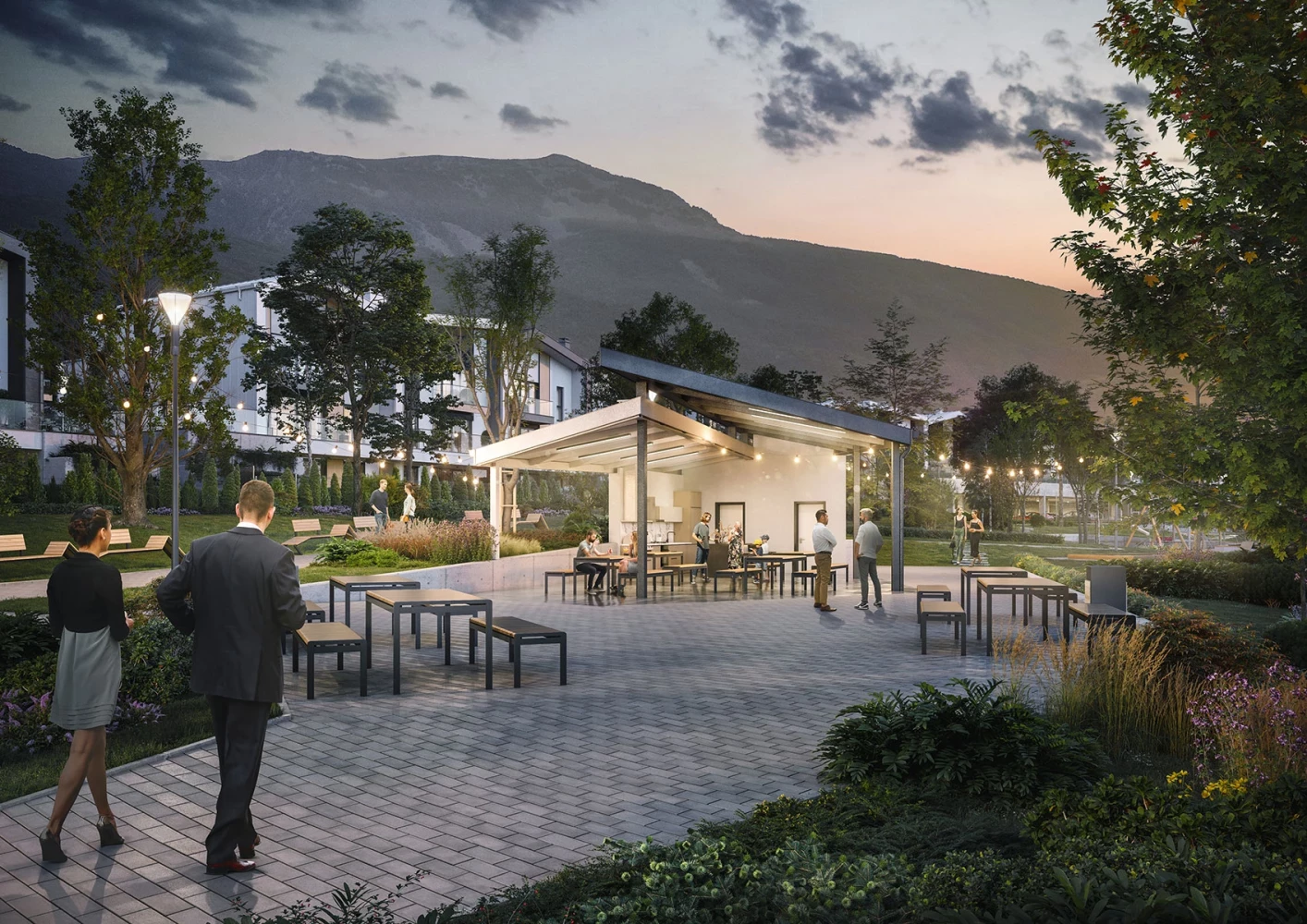 Community space and pavilion within the landscaped area of River Park