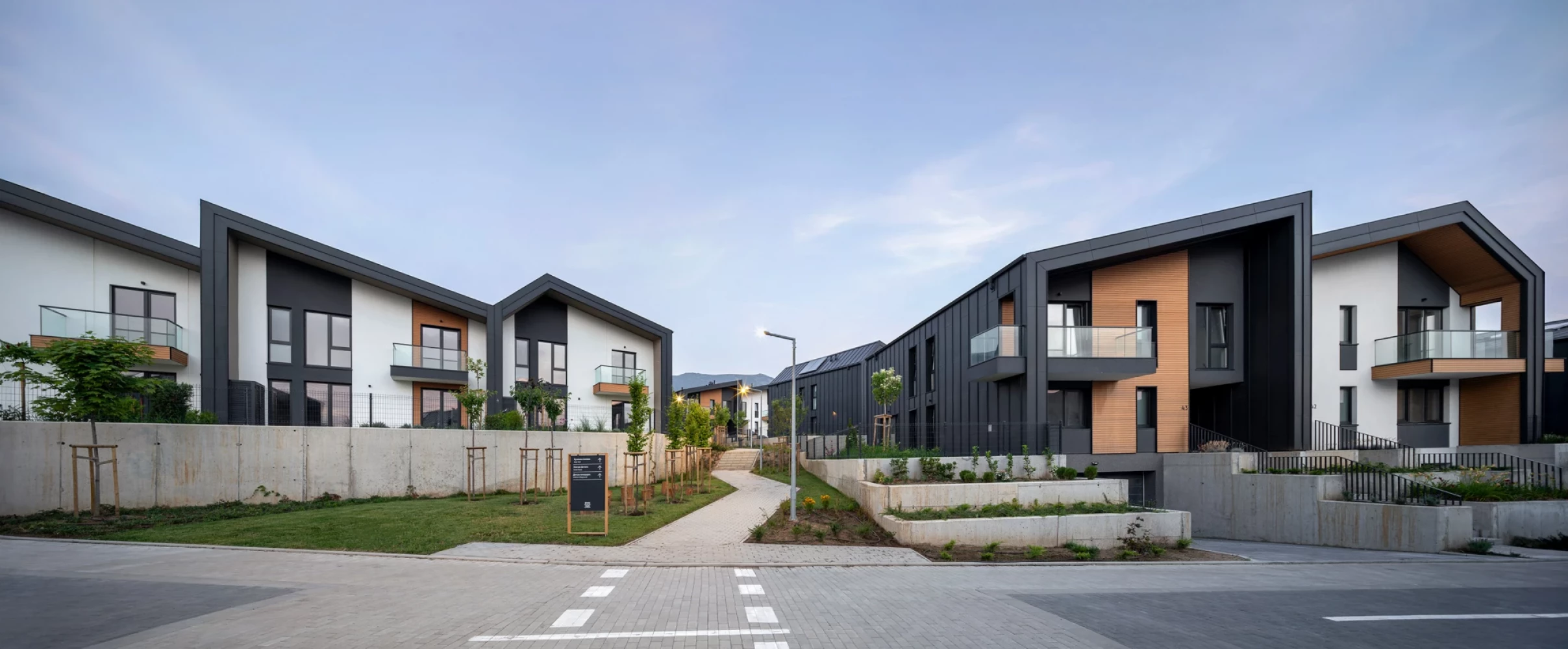 Internal street and residential buildings at River Park in Sofia