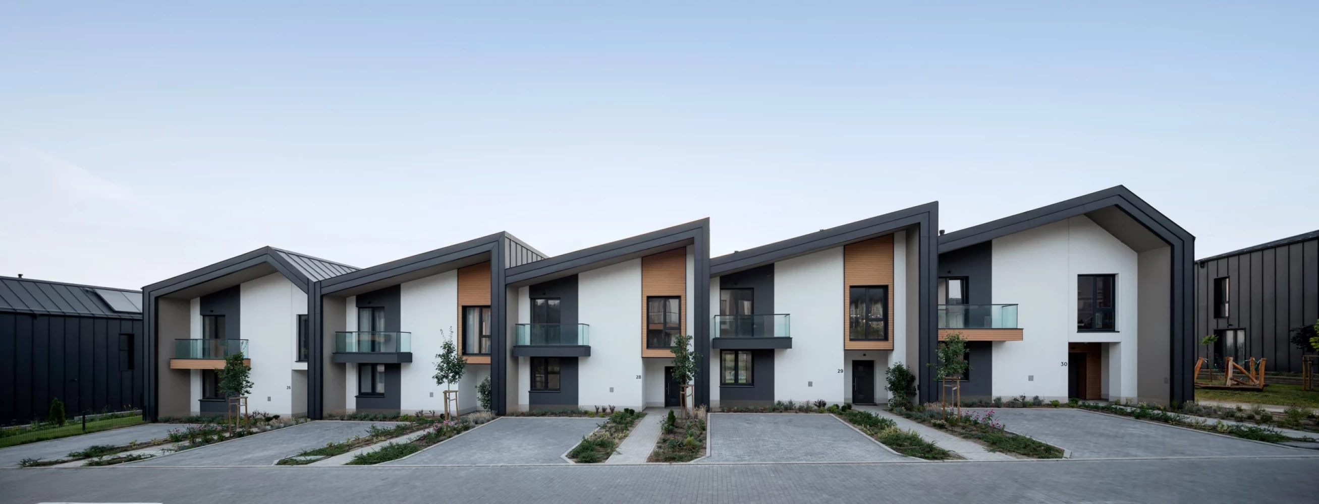 Row houses with individual entrances at River Park residential complex