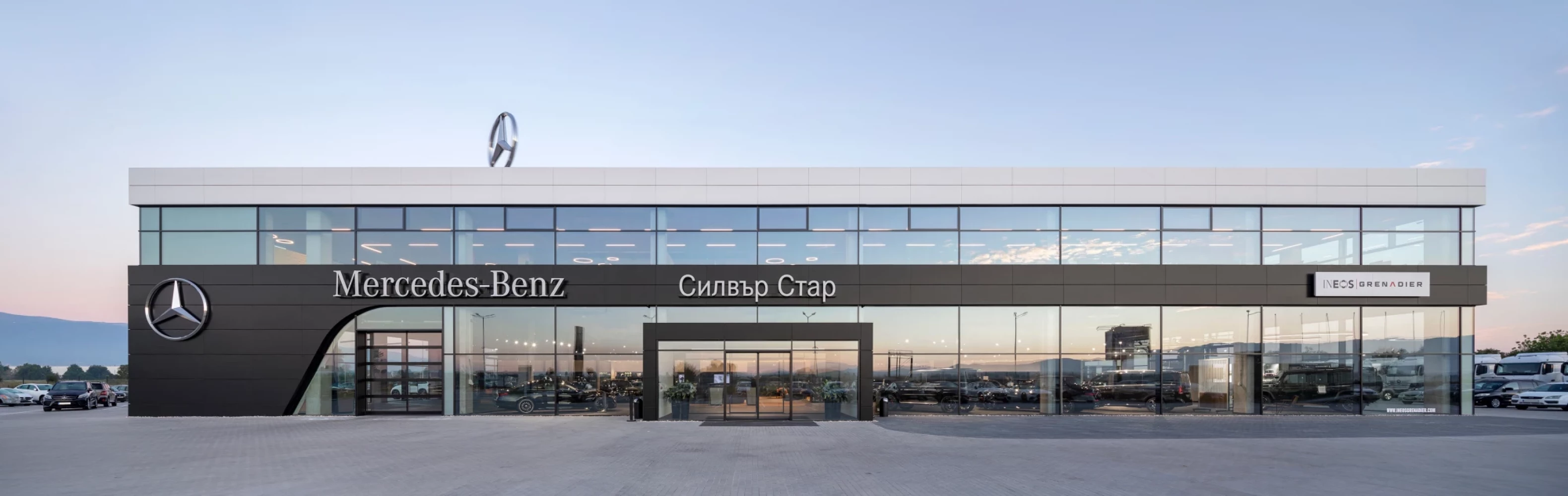 Glazed facade and main entrance of the Silver Star showroom in Sofia