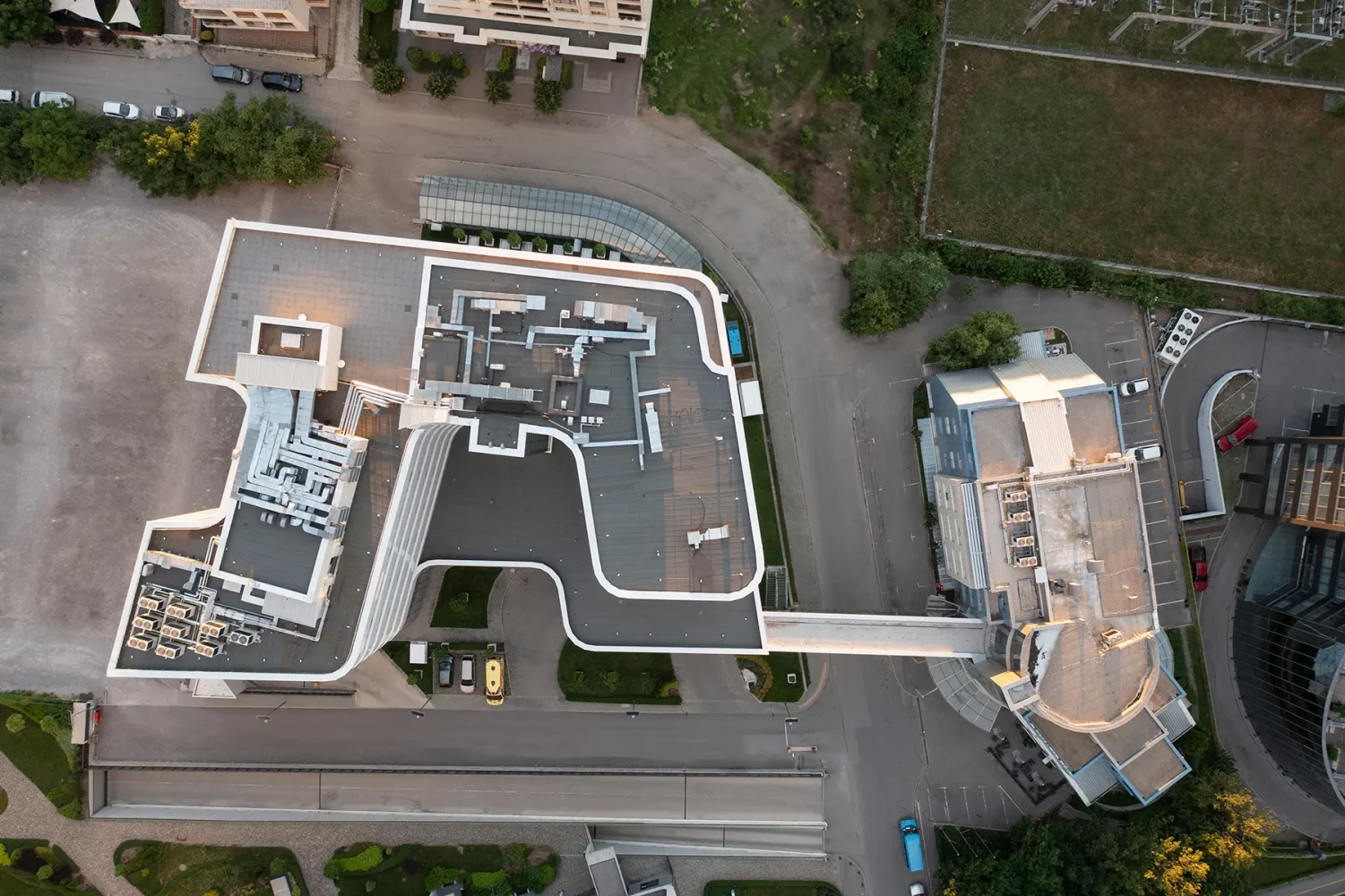 Top-down aerial view of the roofs and site layout of St. Sofia General Hospital