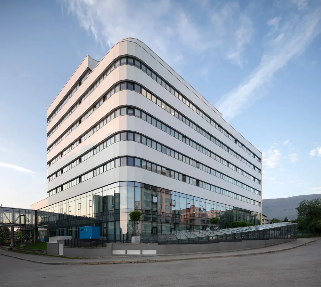 Corner view of the new wing of St. Sofia General Hospital with its horizontal facade composition