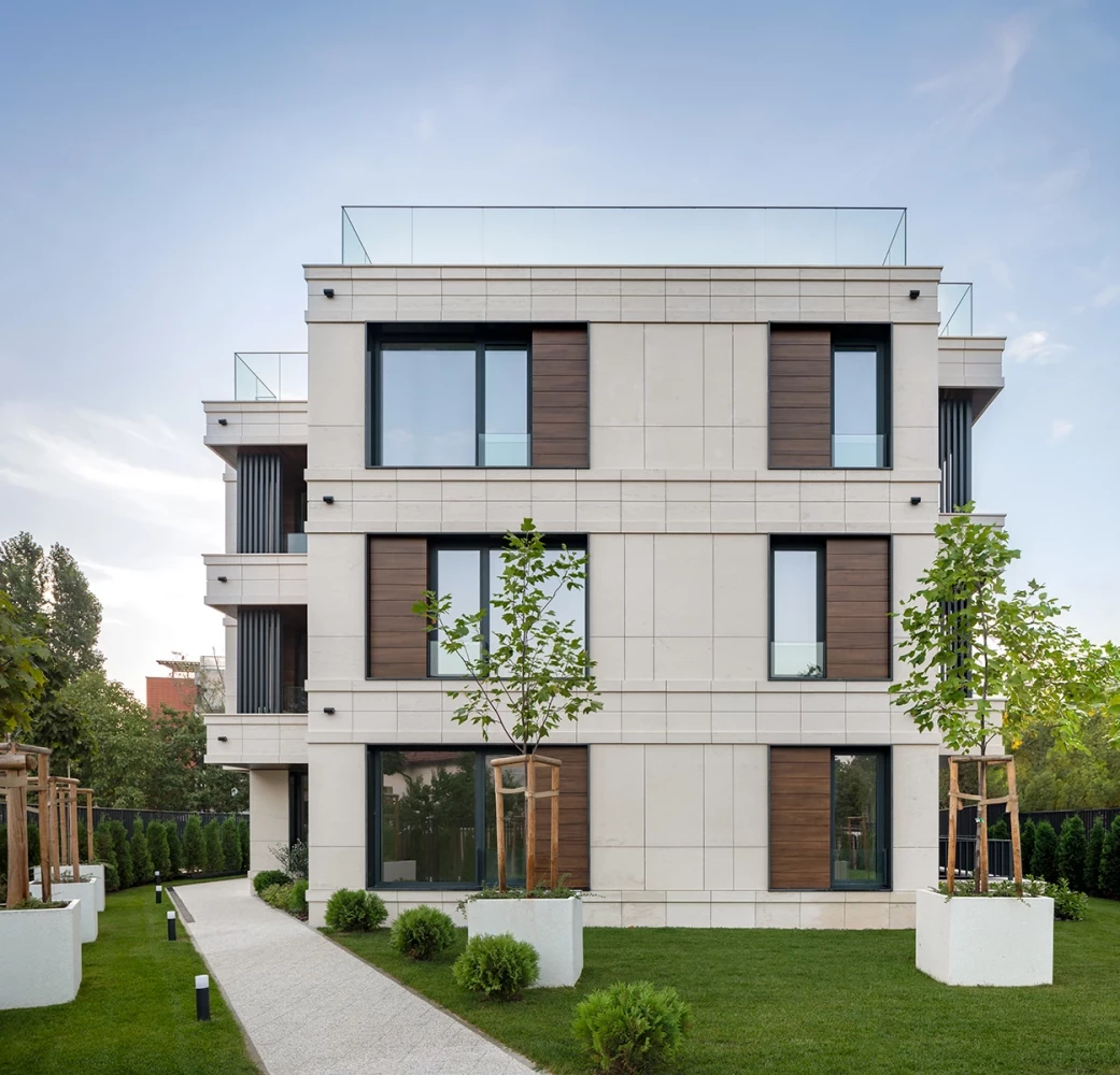 Front view of the Sunset Garden residential building facade in Sofia