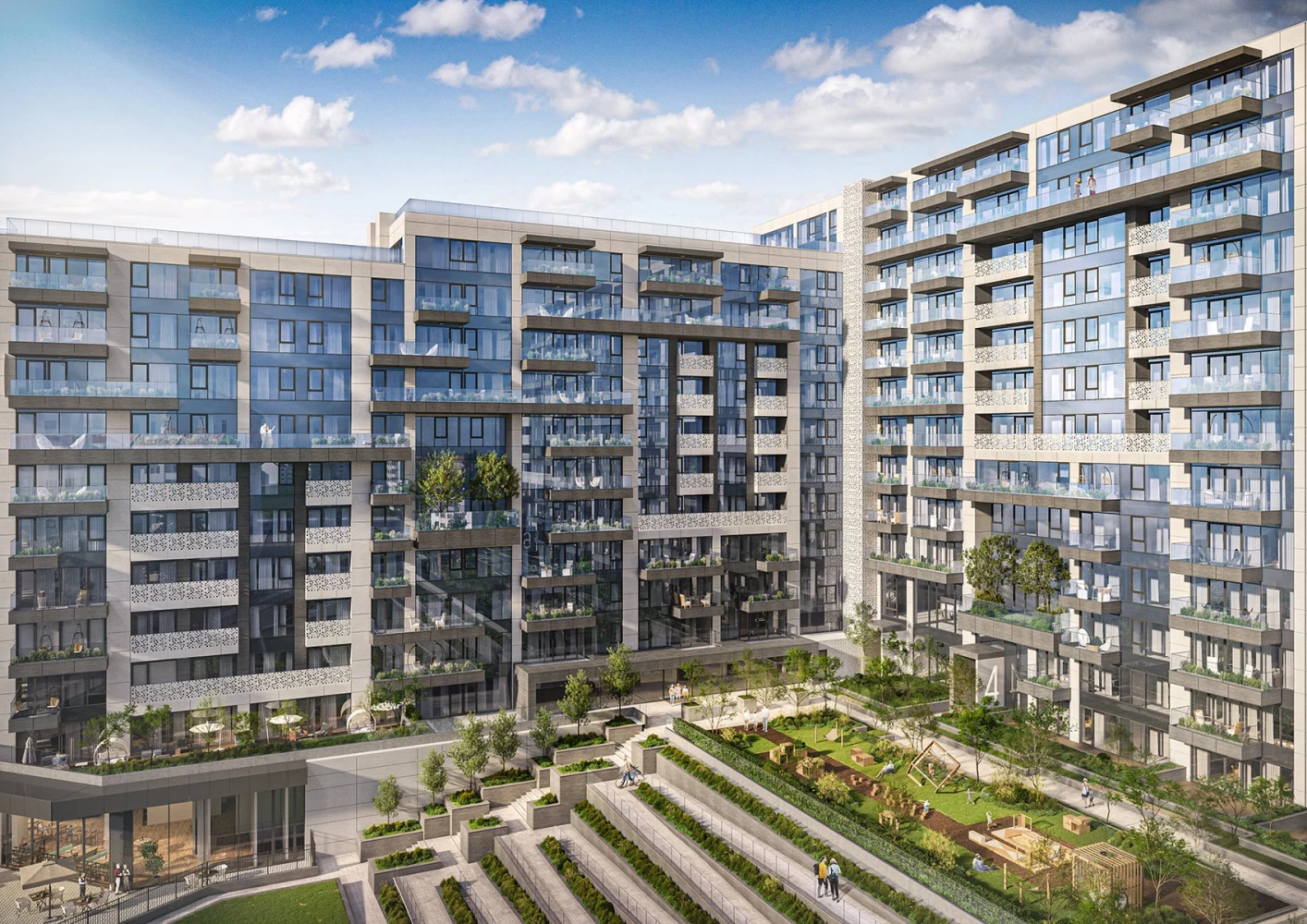 Фасада на Teatralna Park Residence с жилищни балкони и интегрирано озеленяване