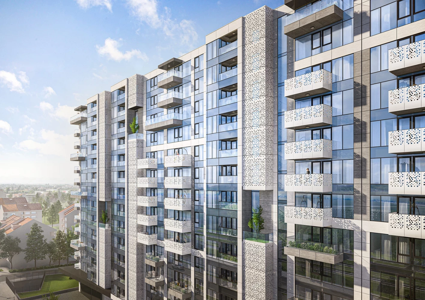 Перспективен архитектурен изглед към жилищните обеми на Teatralna Park Residence