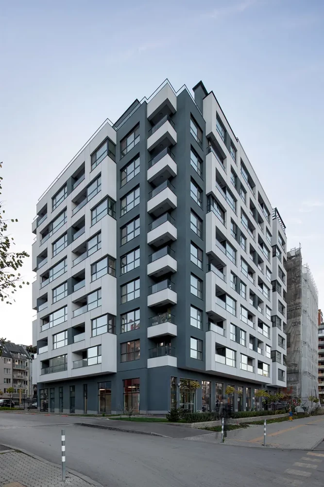 Corner perspective of the Veda Resort facades within the urban context of Sofia by IPA - Architecture and more