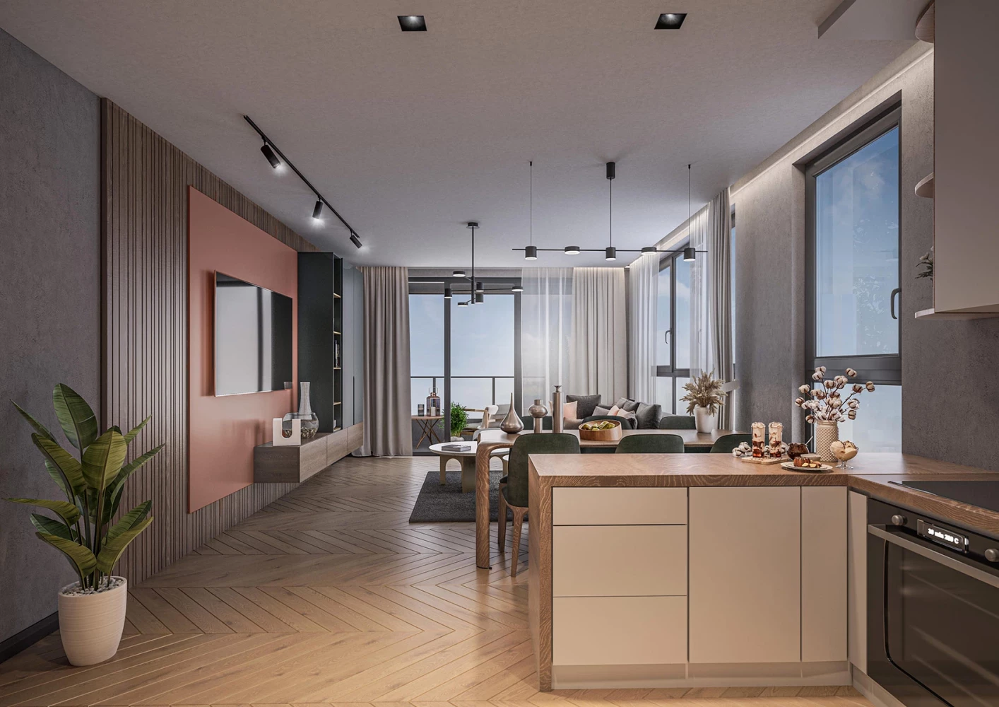 Interior of an open-plan living, kitchen, and dining area at Vitosha Apartments