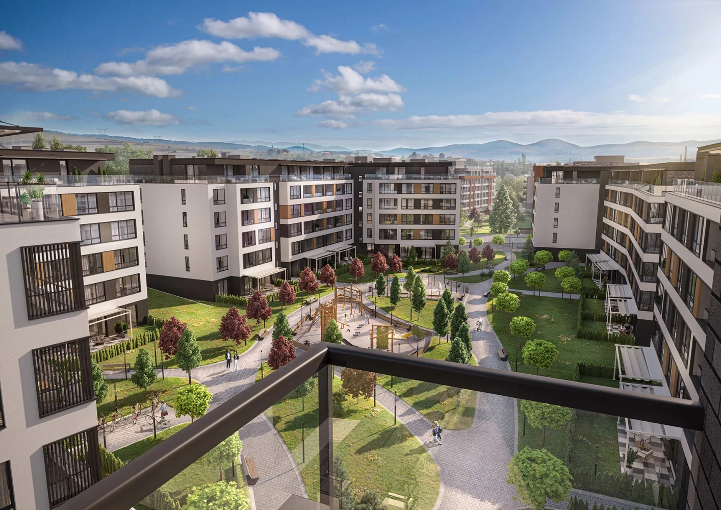 View from a terrace toward the landscaped courtyard of Vitosha Apartments