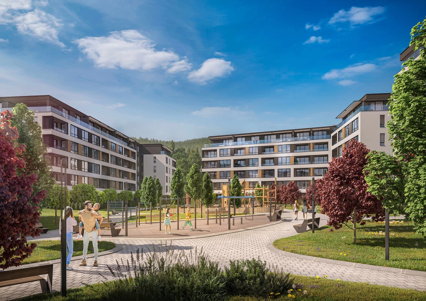 Landscaped courtyard of Vitosha Apartments with pedestrian paths and a play area