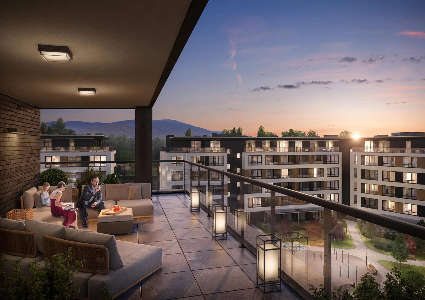 Evening terrace view toward the courtyard and residential buildings of Vitosha Apartments
