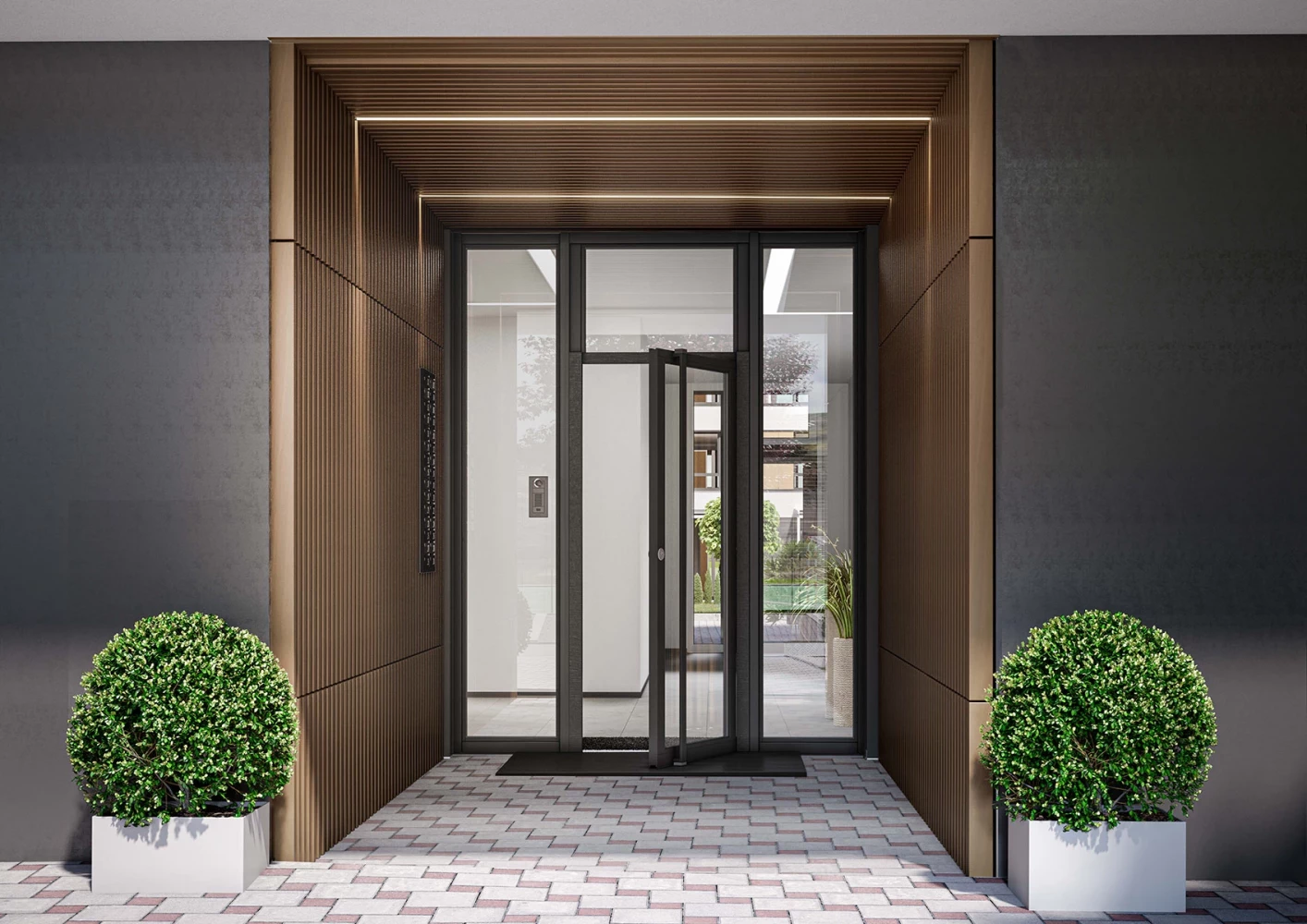 Entrance lobby at Vitosha Apartments with wood finishes and a glazed entrance door