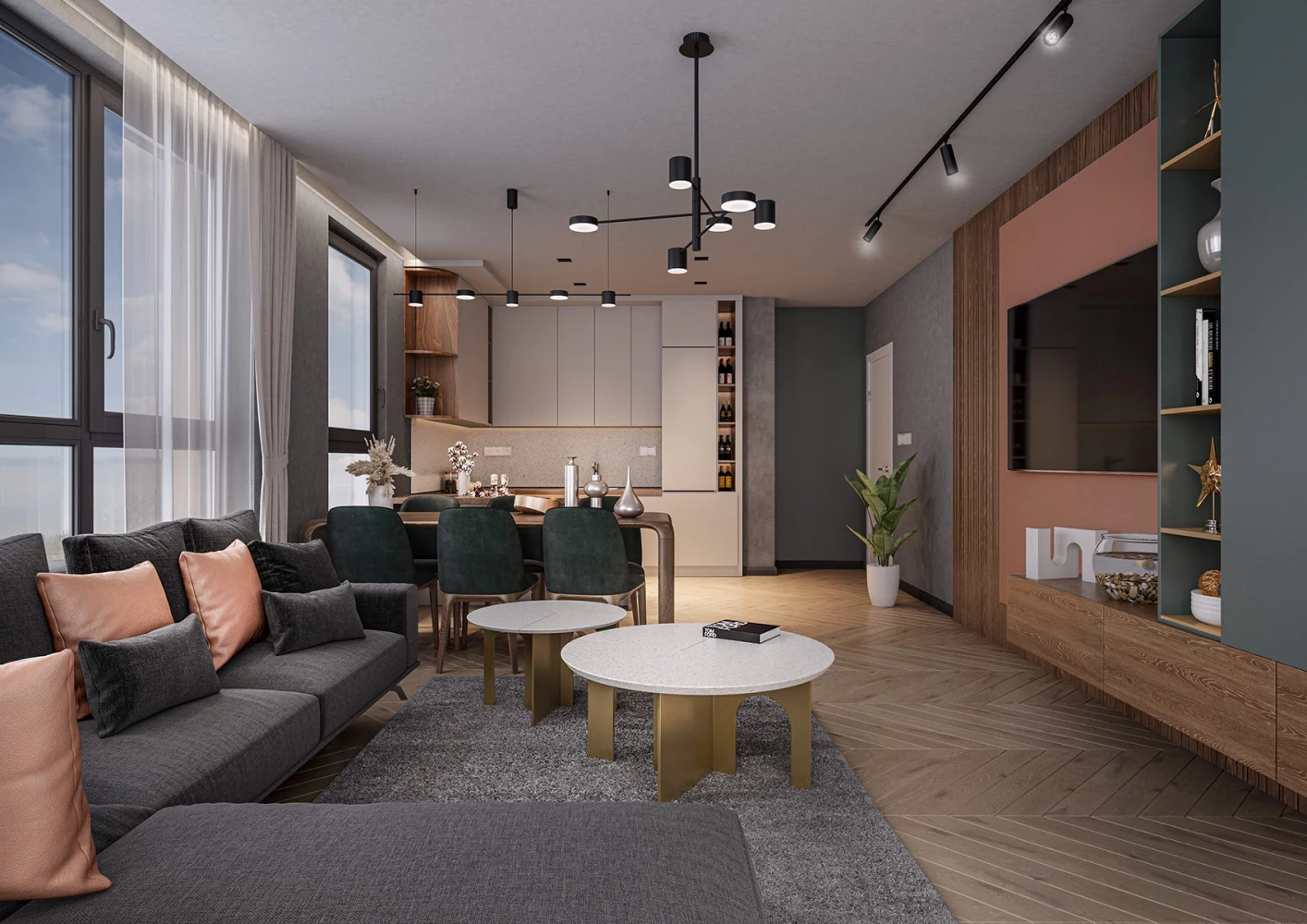 Open-plan living room, kitchen, and dining area in an apartment at Vitosha Apartments