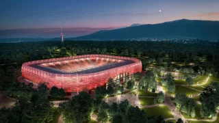 Evening aerial view of Bulgarian Army Stadium in Borisova Garden