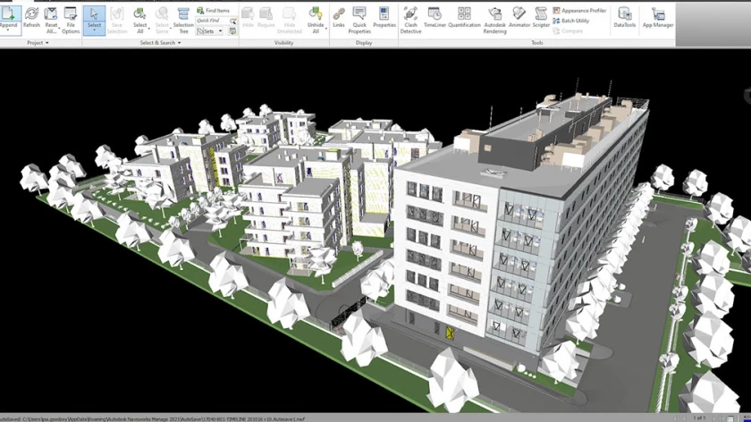 BIM model of a multibuilding complex with roads and landscaping