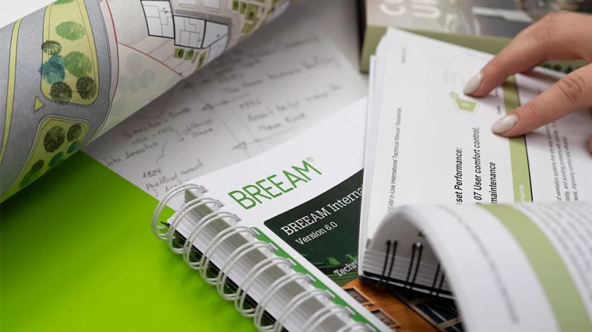BREEAM documentation and a site plan for a sustainable building