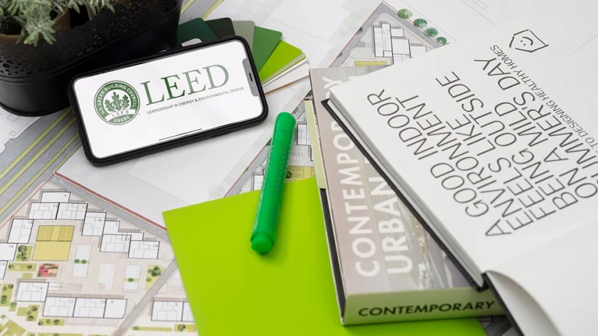 LEED certification, project plans, and sustainable design materials