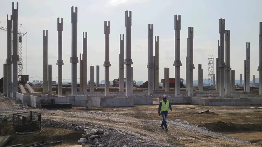 Precast reinforced concrete columns on a construction site