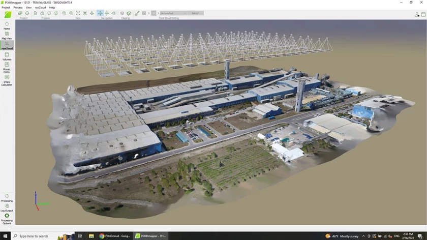Digital capture of an industrial complex with a 3D model and camera positions