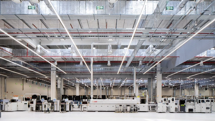 Production line and technological equipment inside an industrial building